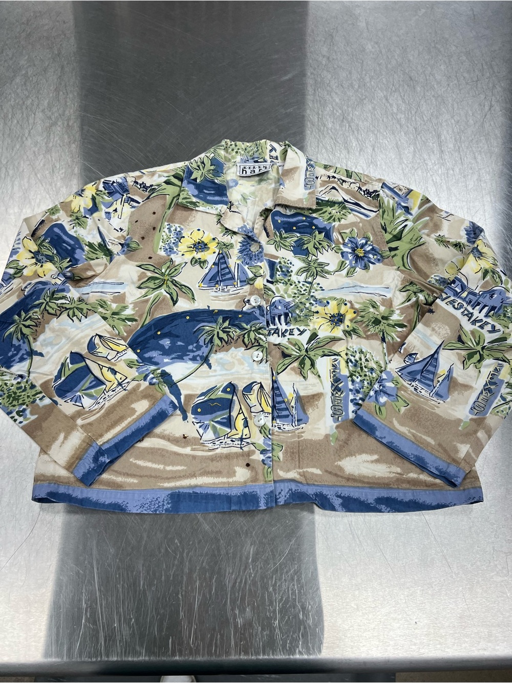 KEREN hart Beach Print Button-Up Shirt Jacket in Beige and Blue Women’s XL